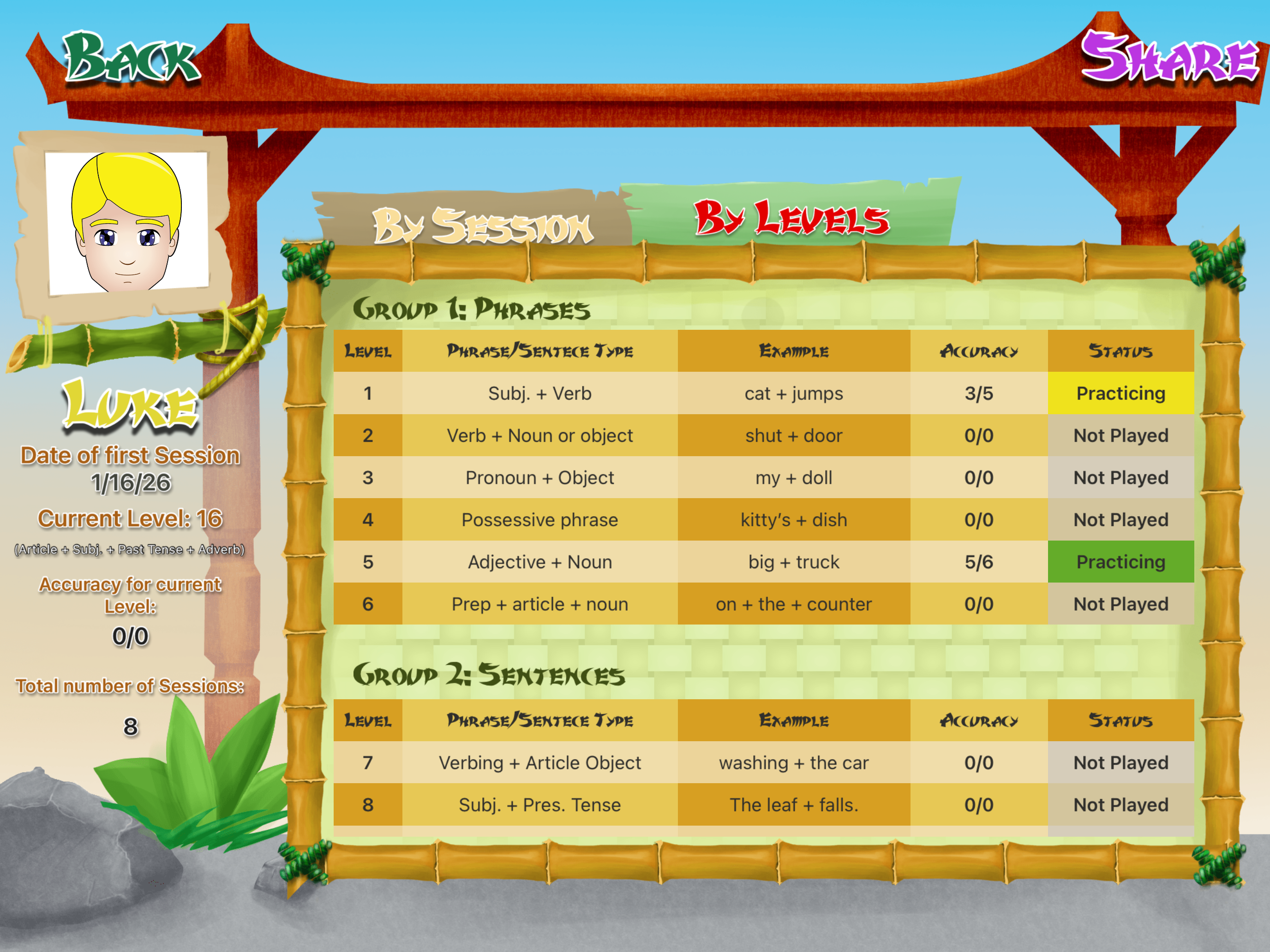 Sentence Ninja Progress and Level Accuracy