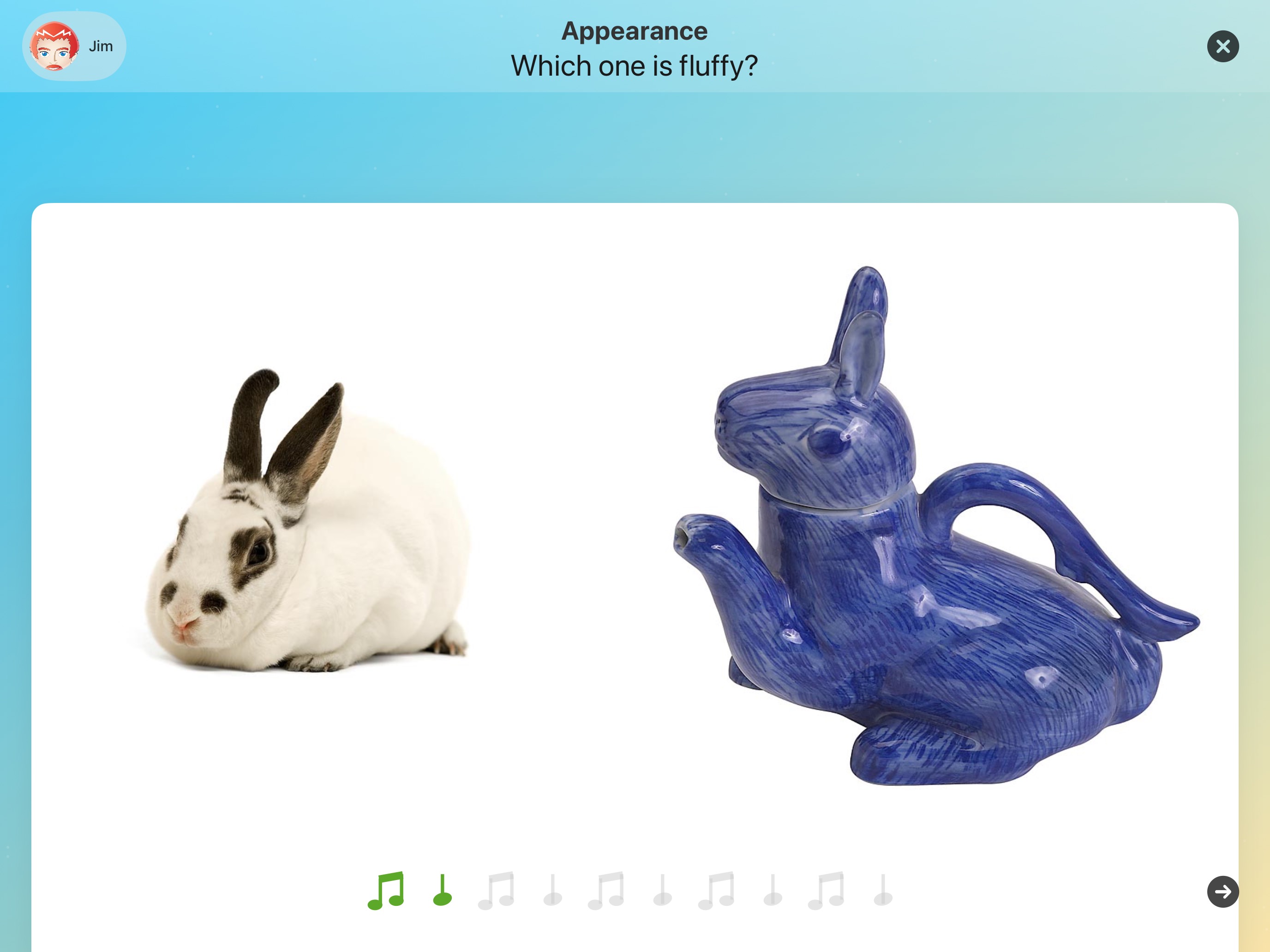 Adjective Remix asks: Which one is fluffy? A fluffy rabbit and a ceramic rabbit, with music notes filling in