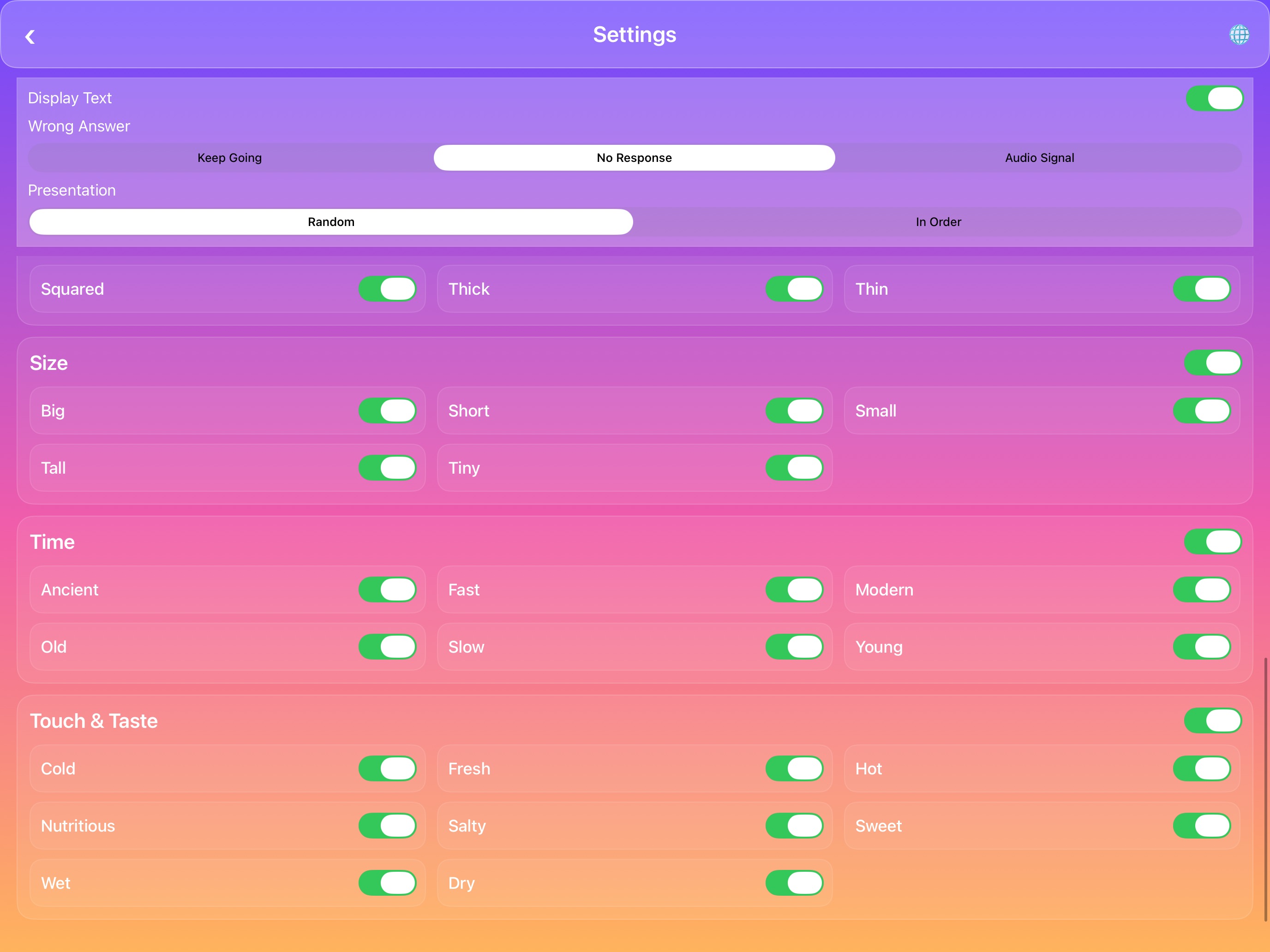 Adjective Remix Settings Menu Showing Categories
