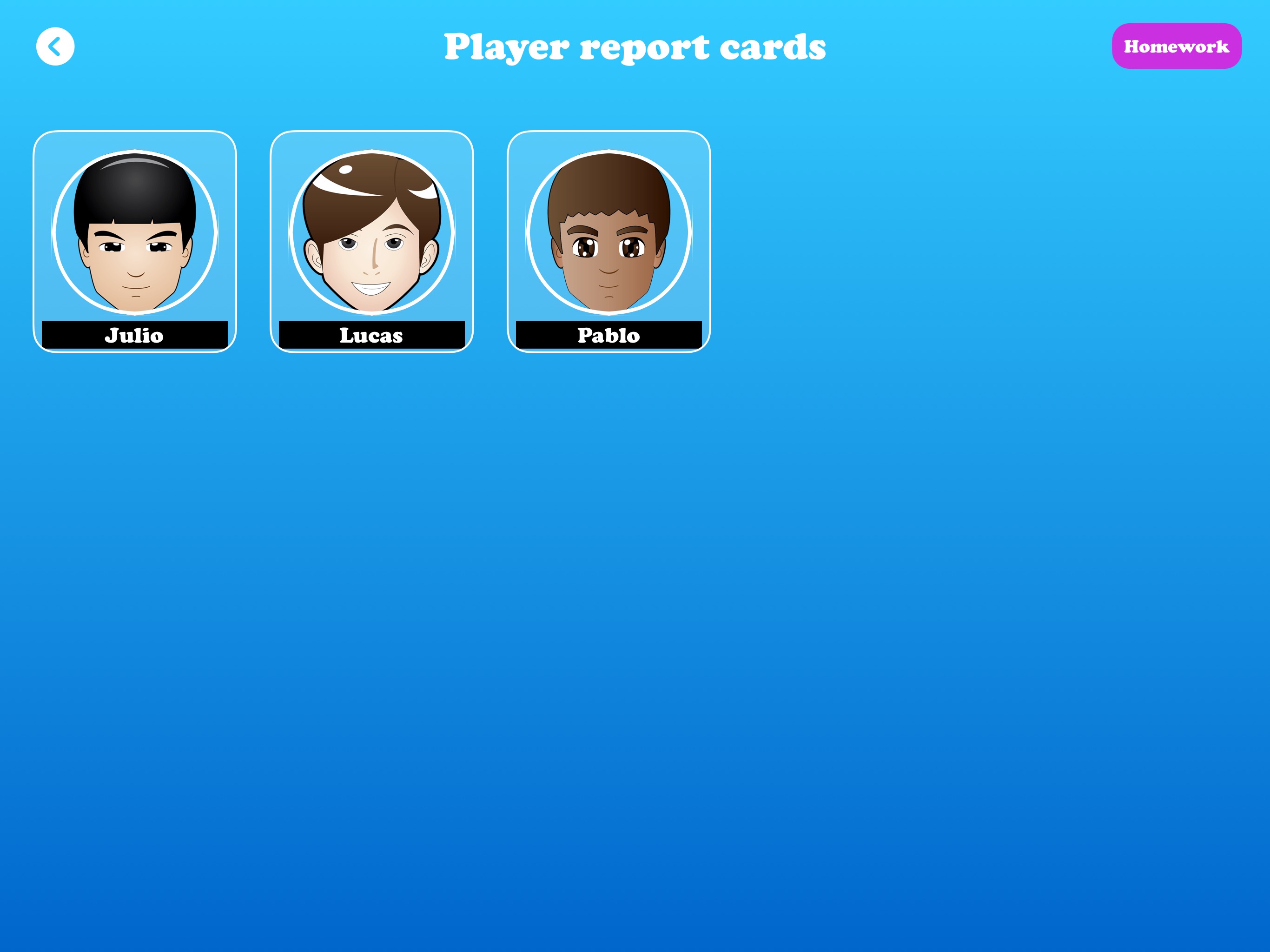 Player report card selection menu on iPad