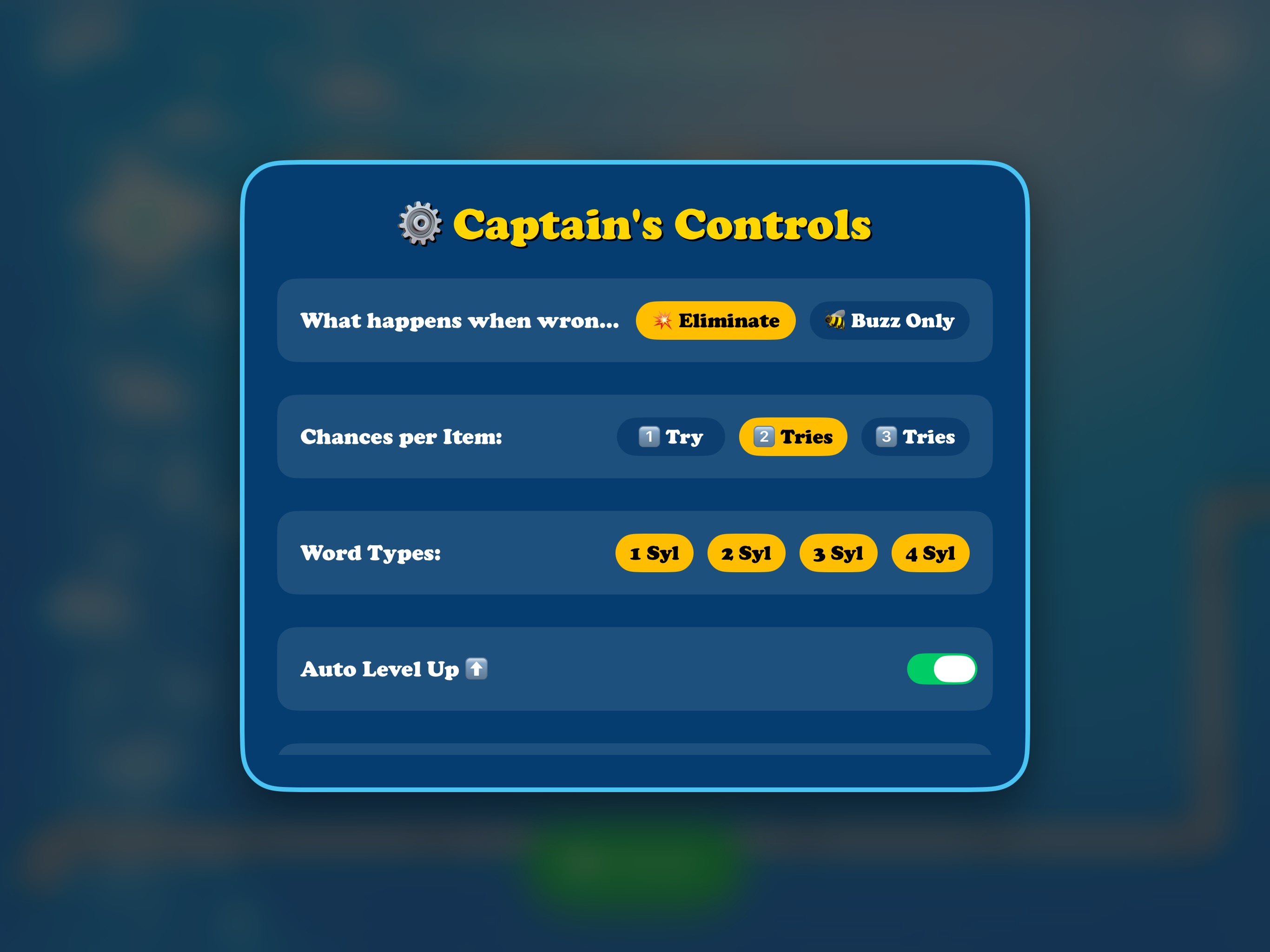 Captain's Controls settings menu on iPad