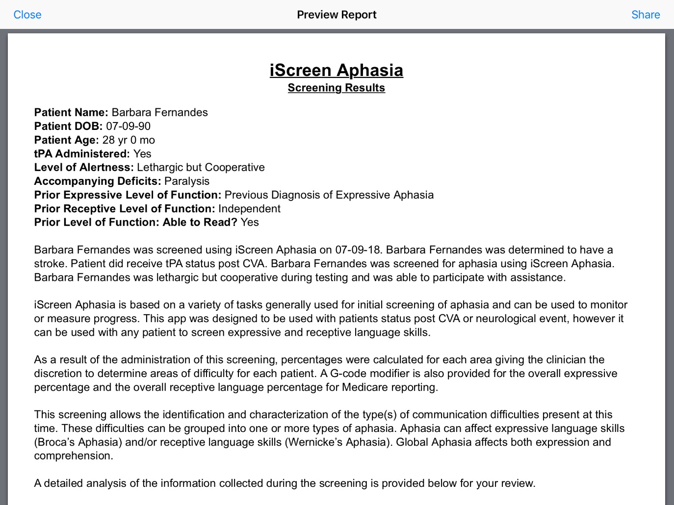 iScreen Aphasia Automated Clinical Report PDF